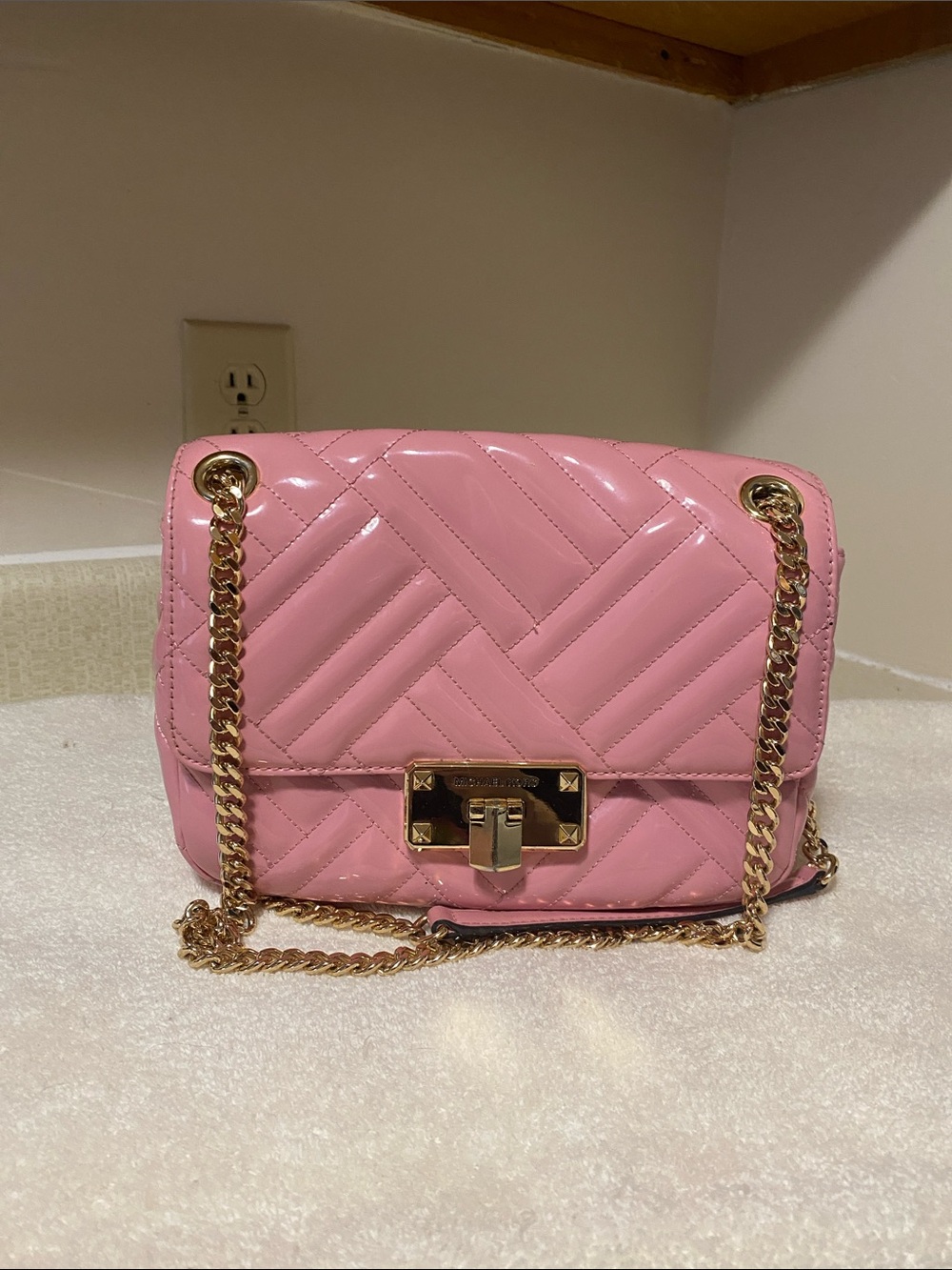 Michael Kors Pink Quilted Patent Crossbody with Gold Chain